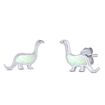Dinosaur Stud Earring Created White Opal Solid 925 Sterling Silver (9mm)